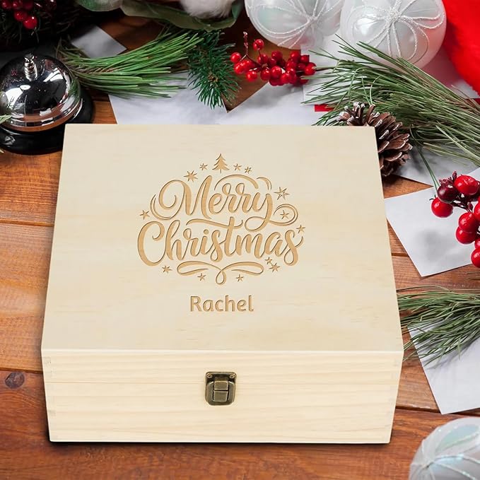 Personalized Christmas Eve Box Custom Engraved Wooden Memory Box – Rustic Christmas Gift, Traditional Santa Xmas Gift Box for Kids, Family & Friends – Holiday Keepsake Memento Box Gifts for Him Her