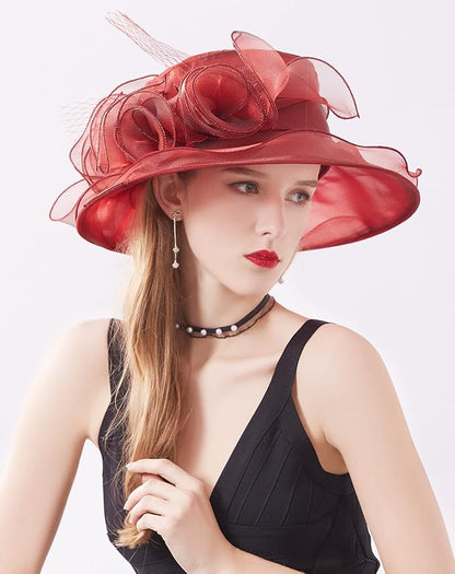 Organza Derby Hats for Women Wide Brim Fascinator Hat Rose Flower Wedding Tea Party Hat