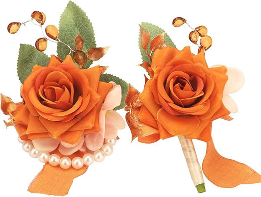 Weslymoo Burnt Orange Rose Wrist Corsage and Boutonniere Set Artificial Prom Flower Corsage Wristlet Band Bracelet and Boutonniere for Men Wedding Accessories Prom Stuff Decorations