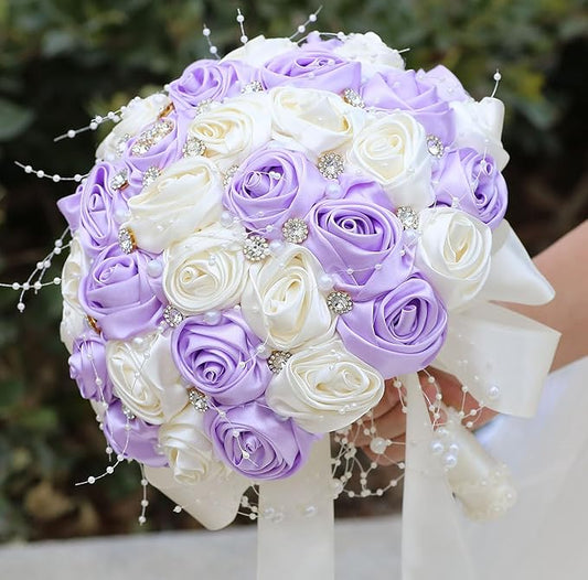 Bridal Wedding Bouquet Round Bling Brooch Bouquet Throw Toss Artificial Rose Flower Bunch for Bride Bridesmaid Wedding Quinceanera(Light Purple & Ivory, 8.7")