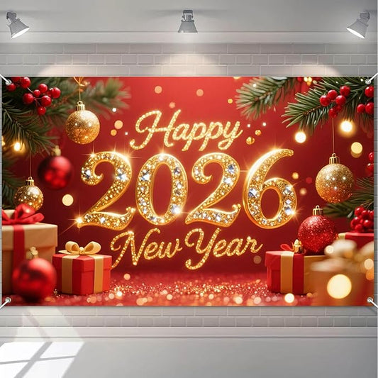 2026 Happy New Year Banner 71x43 Inch Red Gold Christmas Ball Holiday Party Wall Decoration Glitter Photo Backdrop for Indoor Countdown Celebration Home Event and Festive Background Display