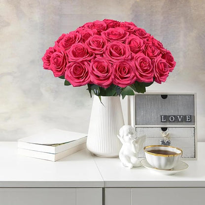 50pcs Artificial Rose Flower Hot Pink Rose Flower with Long Stem Silk Roses Bouquet for Wedding Bridal Shower Party Home Decoration