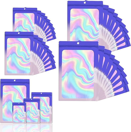 400 Pack 4 Size Bags with Clear Window,Scratch Resistant Hand Holographic Packaging Pouch,Resealable Bag for Small Bussiness Cookies Jewelry Candy Sample (Blue Purple, 2.4×3.9,3x4.7,4×7,5.5×7.9 inch)