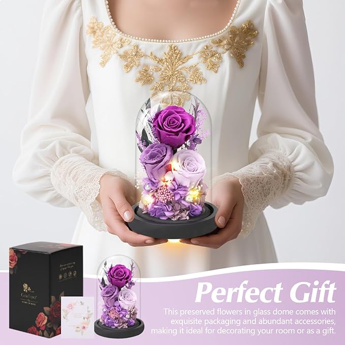 Casaido Preserved Roses Flowers for Delivery, Purple Forever Flores in Glass Dome for Women Mom Wife Girlfriend Grandma, Eternal Rose Anniversary Birthday Gift for Mothers Day Valentines Christmas
