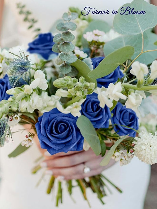 MACTING Artificial Flower Roses 30PCS Real Touch Fake Flowers with Stem Foam Roses for DIY Wedding Bouquets Backdrop Party Bridal Shower Spring Home Valentines Day Decorations,Dark Royal Blue