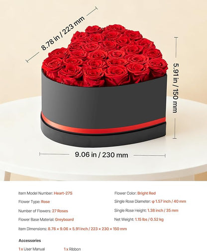 VEVOR Forever Flowers, 27 Preserved Roses in a Heart Shape Box, Eternal Flowers Immortal Bouquet Birthday Present for Delivery Prime Women Her Wife Mothers, Anniversary, Valentine's Day,Christmas, Red