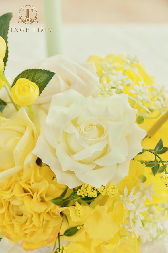 TINGE TIME Artificial Flowers Combo Mix Silk Flowers Yellow Roses w/stem for DIY Wedding Bridal Bouquets Baby Shower Floral Arrangement Table Centerpieces Home Decorations (Lemon Yellow)