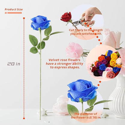 12 Pcs Artificial Rose Flowers, Silk Roses with Long Stems, Realistic Fake Roses for Wedding Centerpiece Party Home and Office DIY Decor, Blue