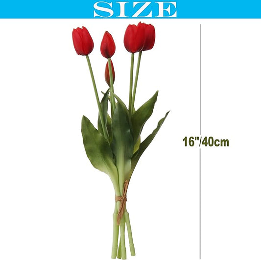 20pcs Artificial Tulip Flowers,16 Inch Real Touch Tulip Stems with Faux Leaves, Faux Tulips and Buds for Home Décor Centerpiece Ornament Wedding Bouquet,Red