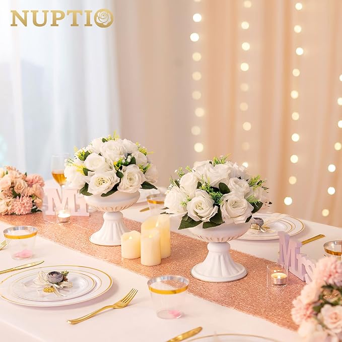 NUPTIO White Flower Centerpieces for Tables: 10 Pcs Artificial Flower Ball Arrangement for Wedding Party - 9.5 Inch Diameter Fake Floral Rose for Bridal Shower Decorations