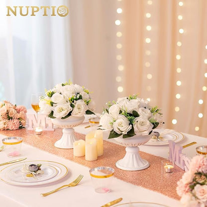 NUPTIO White Flower Centerpieces for Tables: 10 Pcs Artificial Flower Ball Arrangement for Wedding Party - 9.5 Inch Diameter Fake Floral Rose for Bridal Shower Decorations