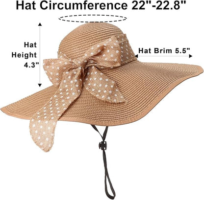 DRESHOW Beach Hats for Women Big Straw Wide Brim Summer Hat Floppy Foldable Roll up Cap Sun Hat UPF 50+