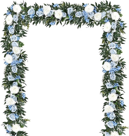 Lvydec 2 Pack Artificial Peony Flower Garland - 6ft Silk Peony Vine Willow Leaves Garland Blue and White Arch Flower Vine for Wedding Party Table Decoration (Blue)