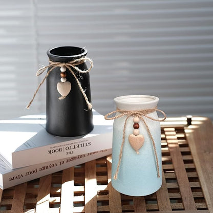 Elegant Ceramic Vase | 6-Inch Flower Vase with Jute Rope & Heart Charm | Modern, Farmhouse, & Boho Home Décor, Blue Color