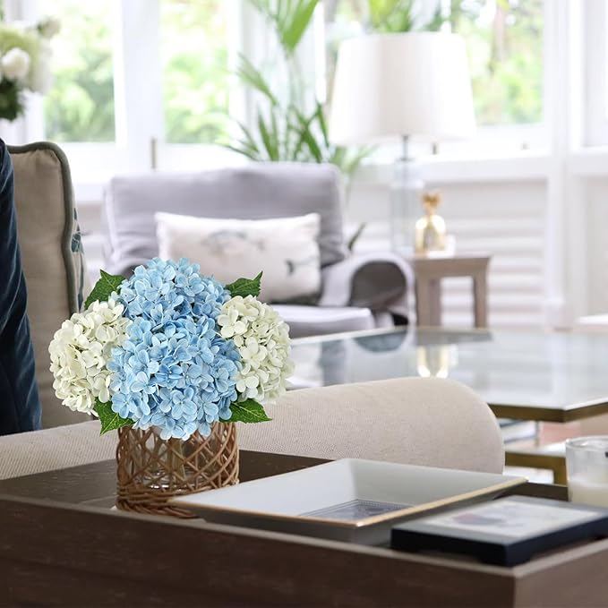 4Pcs Hydrangea Artificial Flowers, 20" Lifelike Latex Silk Real Touch Faux Hydrangea Flowers, Artificial Hydrangeas Bouquet for Wedding Centerpieces Tables Party Home (Sky Blue)