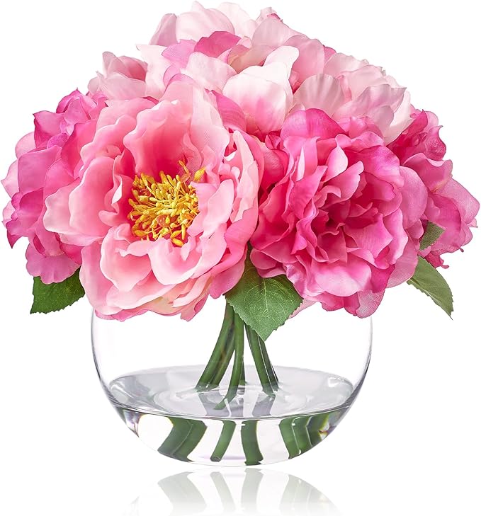Artificial Flowers in Vase, Silk Peonies Bouquet for Vase with Faux Water, Fake Peony Flower Arrangement for Home Wedding Birthday Party Dining Table Centerpiece New Year Decor Mom's Gift (Pink)
