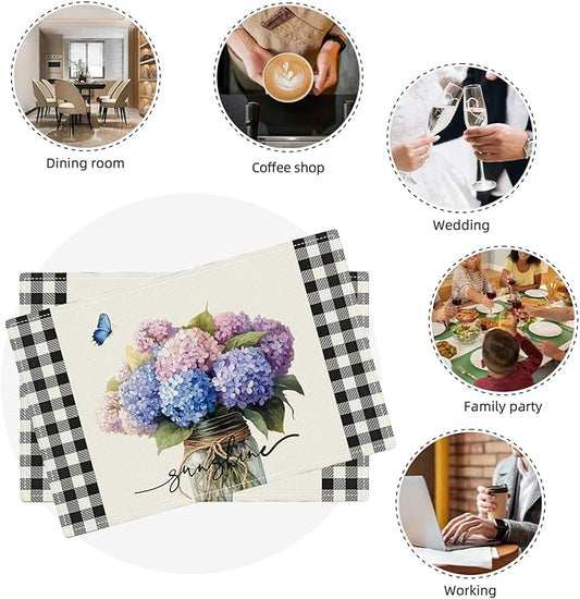 Farmhouse Hydrangea Placemats Set of 4, Country Sunshine Flowers Place Mats, Rustic Spring Butterfly Dining Table Mats, Washable Placemats for Kitchen Dining Room 18L'' × 12W''