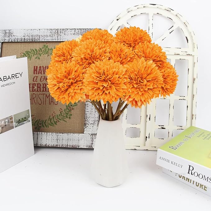 Tinsow 12 Pcs Artificial Chrysanthemum Flowers Orange Faux Ball Flowers Autumn Mums Florals Wedding Bouquet for Fall Farmhouse Home Kitchen Decoration (12, Orange)