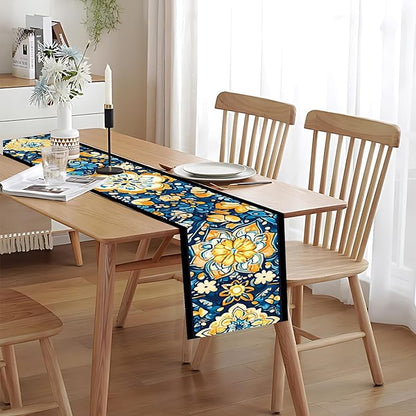 Bohemian Blue & Orange Floral Table Runner – 13x72 Inch Vintage Patterned Linen-Look Fabric, Rustic Dining Table Decor, Boho Chic Home Accent for Kitchen & Parties