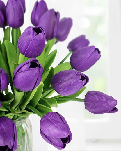 MACTING 30 PCS Artificial Tulip Flowers 13.7" Real Touch Fake PU Tulips Bouquet Faux Purple Flowers for Floral Arrangements Table Centerpiece Kitchen Home Indoor Outdoor Summer Decorations