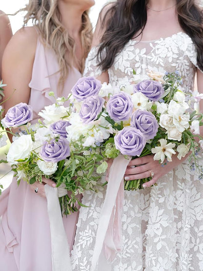 MACTING Artificial Lavender Flowers 30PCS Real Touch Fake Flowers with Stem Soft Foam Roses for Valentines Day Gifts DIY Wedding Bouquet Boutonniere Table Centerpieces Party Spring Home Decorations