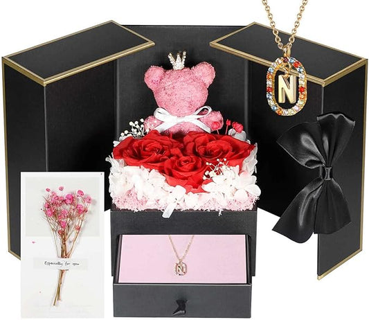 Cute Preserved Real Roses Bear Gift Box for Girlfriend with Initial Necklace N, Unique Birthday Gift for Mom, Her, Grandma, Anniversary Presents for Wife Women