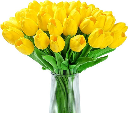 20pcs Yellow Tulips Artificial Flowers Fake Silk Tulips Real Touch Flowers for Spring Kitchen Wedding Home Decor Arrangements Easter Decor 14 Inch