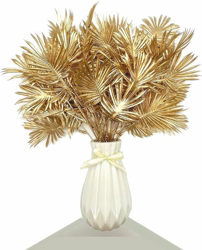 PASYOU Gold Fake Plants, Artificial Flowers Decoration for Christmas Golden Leaves Crafts Plastic Faux Grass Indoor Outdoor Home Garden Wedding Party Room Bedroom Table Centerpiece Decor, 4 Pack