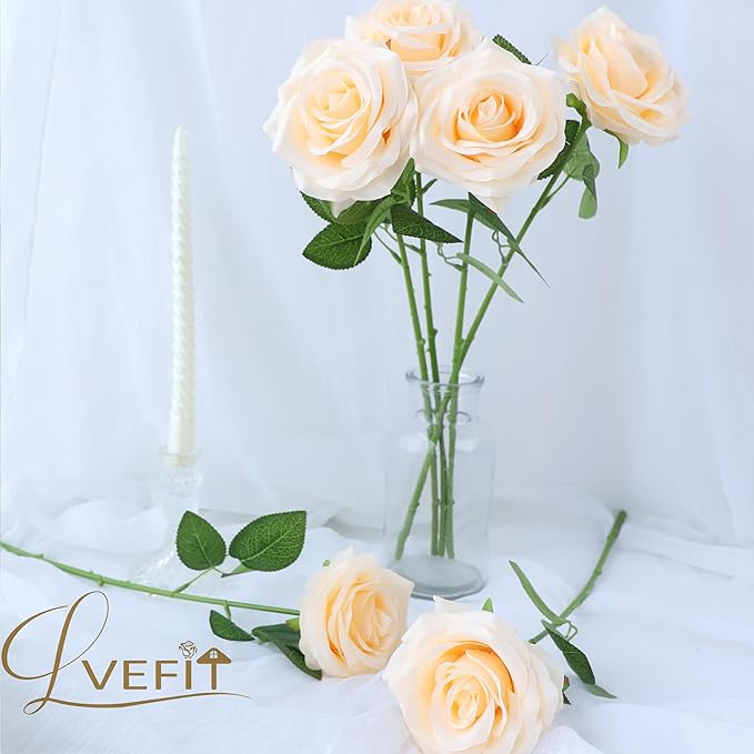 12pcs Artificial Rose Flower Champagne Flower with Long Stem Silk Roses Bouquet for Wedding Bridal Shower Party Home Decoration