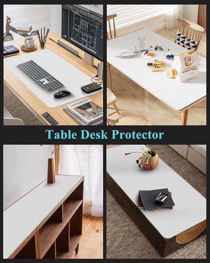 Pure White Plastic Table Cover Protector, 42" x 72" Waterproof Easy Flat PVC Desk Pad Mat, 1.5mm Thick Rectangle Vinyl Table Top Protector for Dining Room Table, Office, Dresser