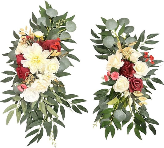 Artificial Wedding Arch Flowers (Pack of 2) White Wedding Flowers for Wedding Welcome Ceremony Sign Faux Floral Swags, Banquet and Reception Backdrop Floral Decoration (White & Red)