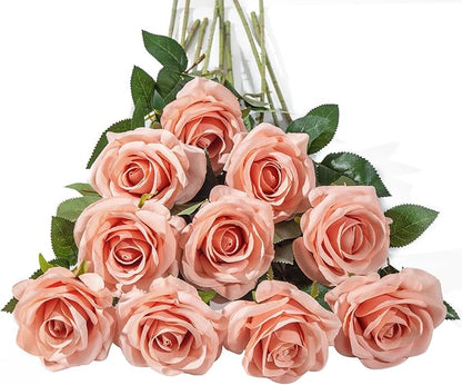 DuHouse 10pcs Silk Roses Artificial Flowers Fake Rose for Arrangement Wedding Party Home Decoration (Light Coral)
