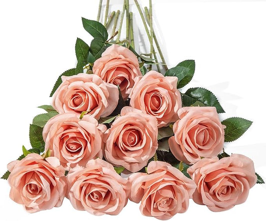 DuHouse 10pcs Silk Roses Artificial Flowers Fake Rose for Arrangement Wedding Party Home Decoration (Light Coral)