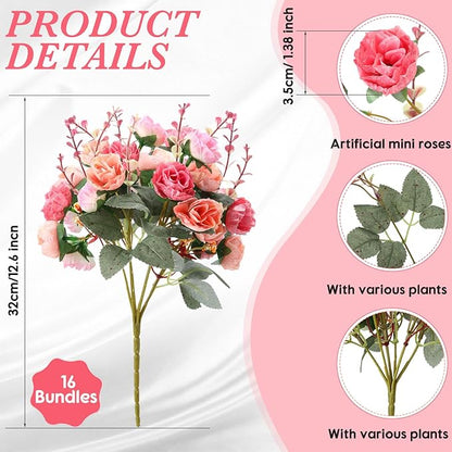 Geosar 16 Pcs Rose Artificial Flowers Fake Flowers Bouquet 21 Heads Silk Faux Floral Bundles with Stem for Home Bridal Wedding Arrangements Table Centerpieces Party Decor (Pink)