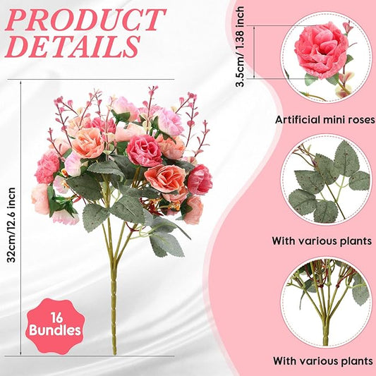 Geosar 16 Pcs Rose Artificial Flowers Fake Flowers Bouquet 21 Heads Silk Faux Floral Bundles with Stem for Home Bridal Wedding Arrangements Table Centerpieces Party Decor (Pink)