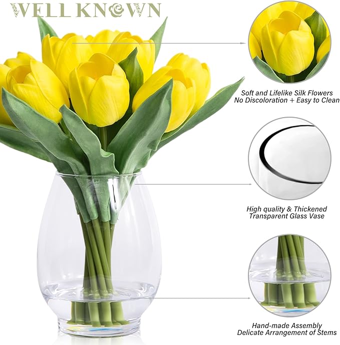 WELL KNOWN 12 Pcs Fake Big Tulips Artificial Flowers in Vase with Faux Water, Real Touch Foam Yellow Flower Arrangement with Glass Vase for Home Wedding Party Decor Dining Table Centerpiece & Gift