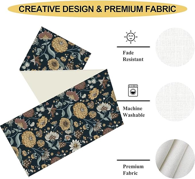 Boho Floral Table Runner, Vintage Traditional Farmhouse Boho Floral Linen Coffee Table Center Decor for Family Kitchen Farmhouse Holiday Party Table Decorations Indoor Outdoor 13x36 inch