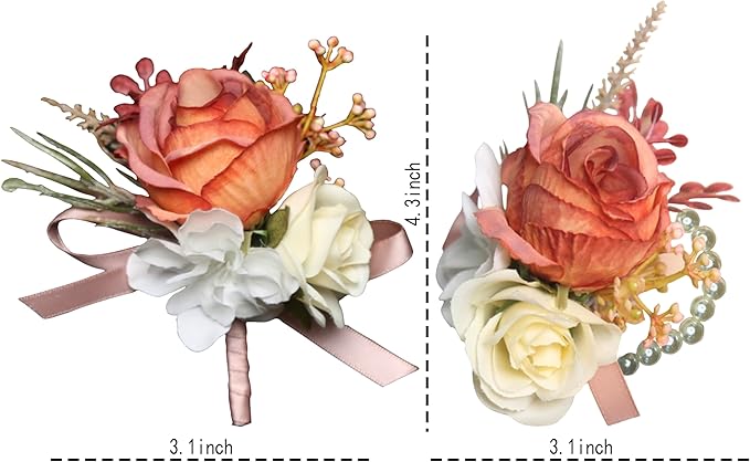 Corsage and Boutonniere Set Corsage Wistlet Terracotta Corsage Wrist Artificial Flower Perfert for Proms | Weddings for Bride,Bridesmaids, Groom,Groomsmen Decor (Terracotta)