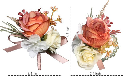 Corsage and Boutonniere Set Corsage Wistlet Terracotta Corsage Wrist Artificial Flower Perfert for Proms | Weddings for Bride,Bridesmaids, Groom,Groomsmen Decor (Terracotta)