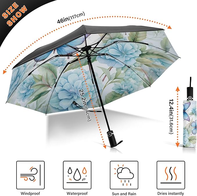Automatic Folding Umbrella Windproof Strong, UV Protection Compact Floral Hydrangea Hummingbird Sun Rain Sun Rain Travel Umbrellas for Women Men