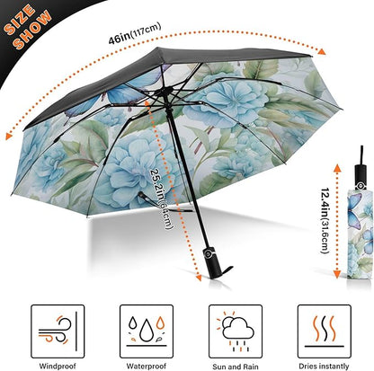 Automatic Folding Umbrella Windproof Strong, UV Protection Compact Floral Hydrangea Hummingbird Sun Rain Sun Rain Travel Umbrellas for Women Men