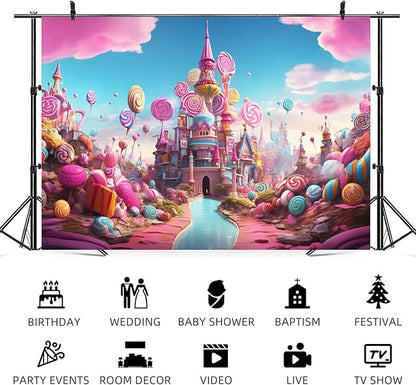 15x10ft Candyland Backdrop Sweet Candy Castle Photography Background Colorful Lollipop Blue River Cartoon Kids Birthday Banner Decorations Baby Shower Newborn Portrait Photo Booth Prop