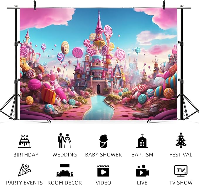 9x6ft Candyland Backdrop Sweet Candy Castle Photography Background Colorful Lollipop Blue River Cartoon Kids Birthday Banner Decorations Baby Shower Newborn Portrait Photo Booth Prop