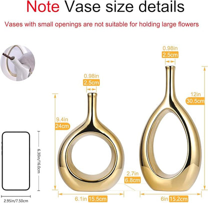 Glossy Gold Vase Ceramic Gold Vases Home Decor,Modern Minimalist Circle with Hole Decorative Vase, Hollow Ellipse Flower vases for Bookshelf, Fireplace Mantle, Centerpieces,Farmhouse,Rustic Décor
