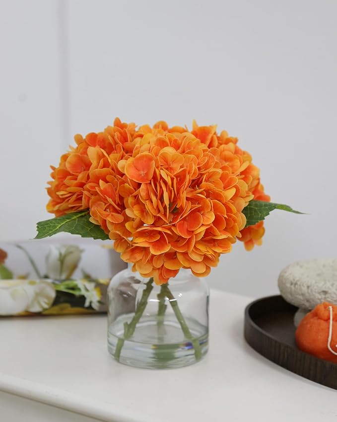 Lifelike Artificial Hydrangea Arrangement in Decorative Vase - Real Touch Fake Flowers for Home, Office, Bathroom or Water Bar Decor, Elegant Table Centerpiece (No Water Needed) (Orange)