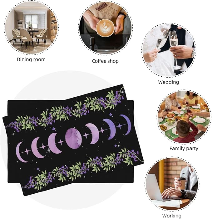 Boho Moon Flowers Placemats Set of 4,Natural Plant Moon Phase Moonlight Kitchen Party Event Table Decor,12x18 Inch,Purple 4 PCS, Style-11