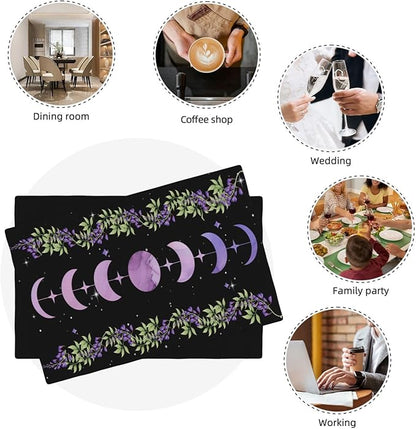 Boho Moon Flowers Placemats Set of 6,Natural Plant Moon Phase Moonlight Kitchen Party Event Table Decor,12x18 Inch,Purple 6 PCS, Style-11