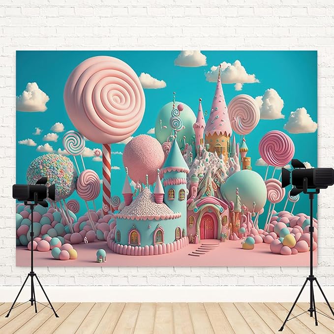 6x4ft Candyland Backdrop Sweet Candy Castle Photography Background Fantasy Lollipop Blue Sky White Cloud Cartoon Kids Birthday Banner Decorations Baby Shower Portrait Photo Booth Prop