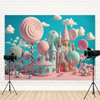 10x6.5ft Candyland Backdrop Sweet Candy Castle Photography Background Fantasy Lollipop Blue Sky White Cloud Cartoon Kids Birthday Banner Decorations Baby Shower Portrait Photo Booth Prop