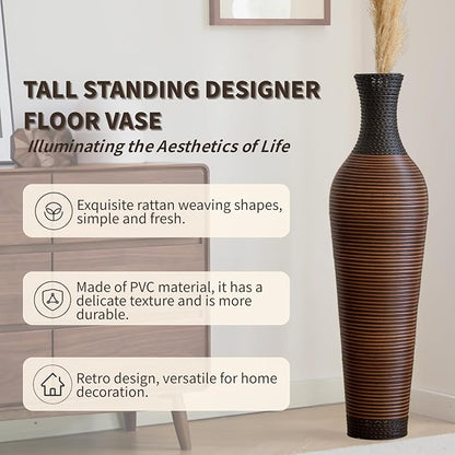 39-Inch Tall Vintage Floor Vase - Premium PVC Rattan Weave, Large Brown Standing Vase, Flower Holder for Home Decor (47 - Dark Brown)